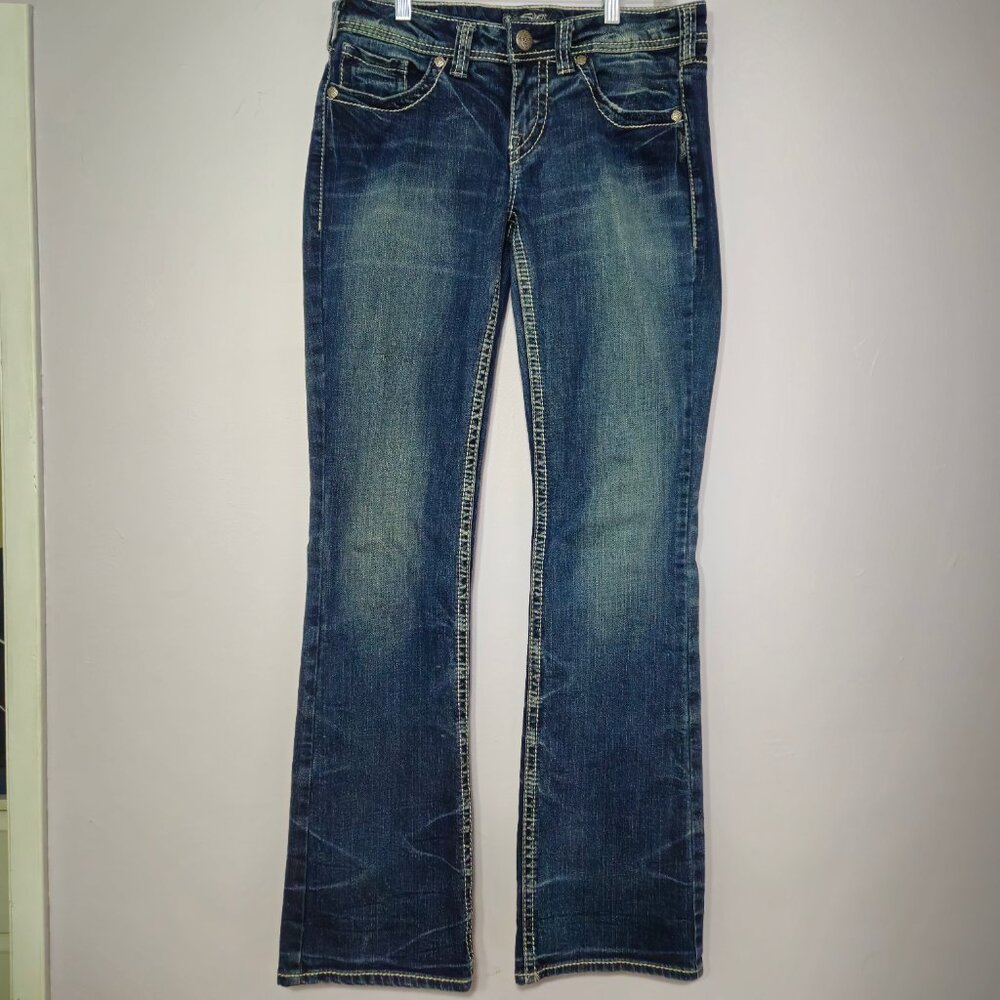 Silver Jeans AIKO Bootcut Denim Embroidered Med Wash Womens 30x32 Tag (28x33)